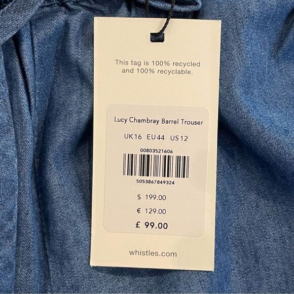 Whistles Lucy Chambray Barrel Trouser Tapered Pants Trip Cotton Blue 12 US NWT - Picture 11 of 13